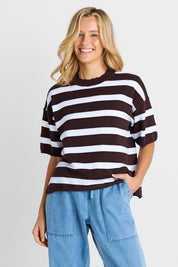 Model Genericm wearing size sample of the Libby Boxy Top – Chocolate in colour Chocolate, in a cropped view