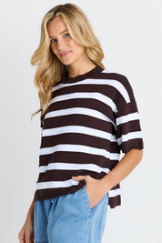 Model Genericm wearing size sample of the Libby Boxy Top – Chocolate in colour Chocolate, in a cropped view