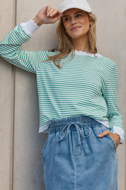 Model Genericm wearing size sample of the Scallop Knit Sweater – Green in colour Green, from an angle