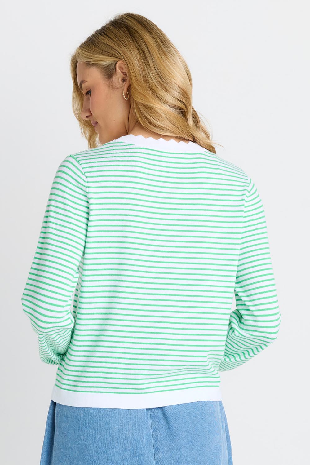 Model Genericm wearing size sample of the Scallop Knit Sweater – Green in colour Green, from the back