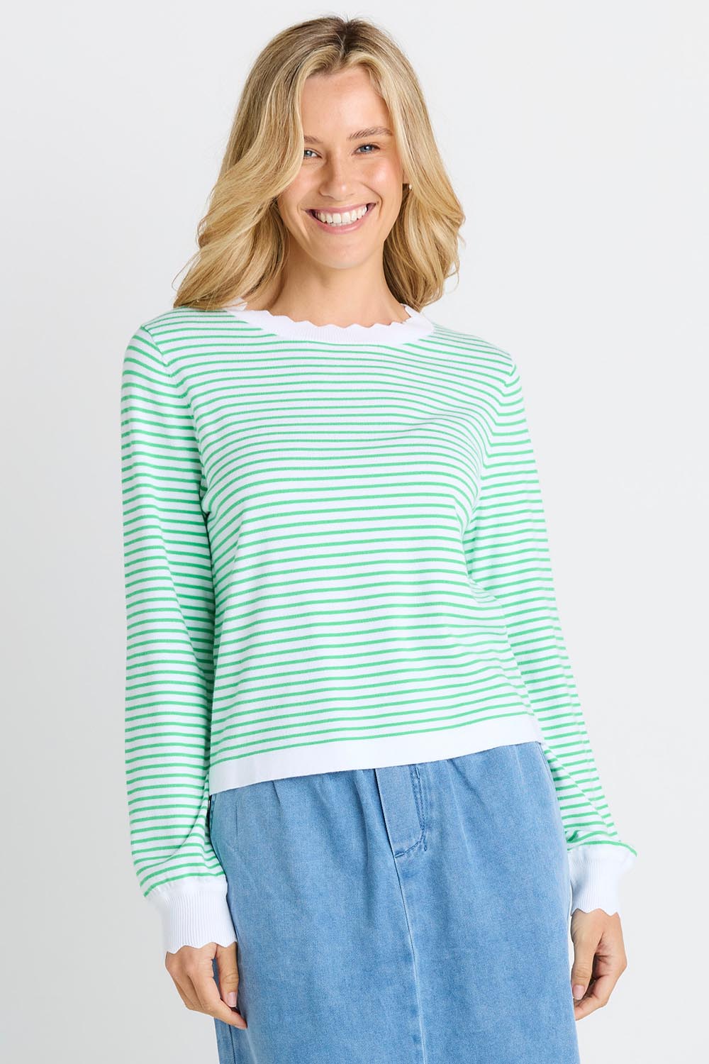 Model Genericm wearing size sample of the Scallop Knit Sweater – Green in colour Green, in a cropped view