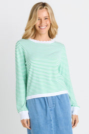 Model Genericm wearing size sample of the Scallop Knit Sweater – Green in colour Green, in a cropped view