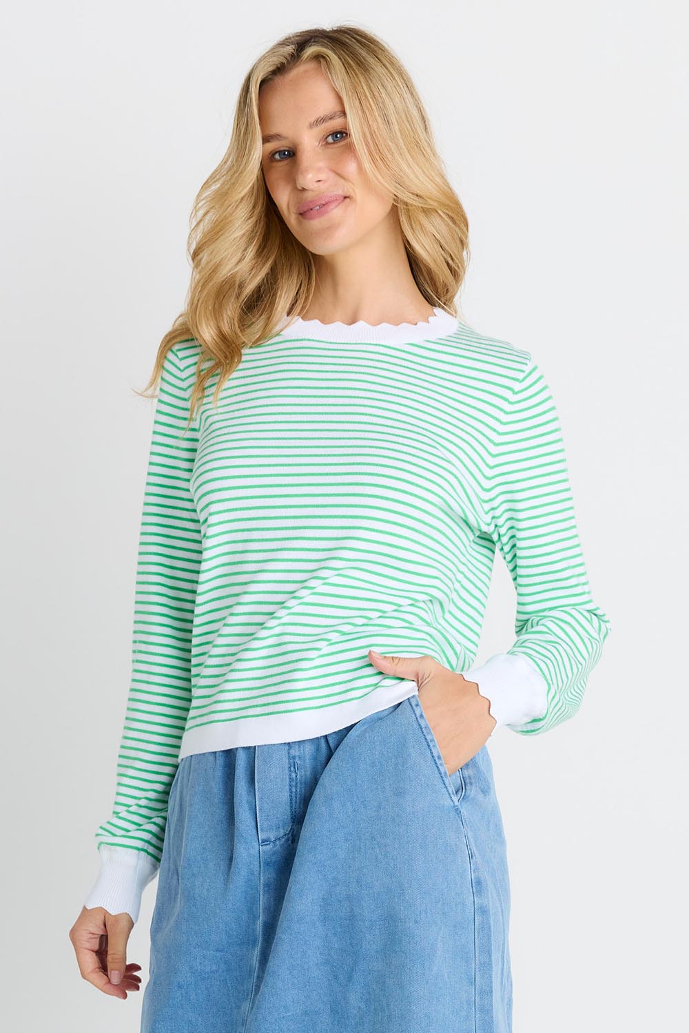 Model Genericm wearing size sample of the Scallop Knit Sweater – Green in colour Green, in a cropped view