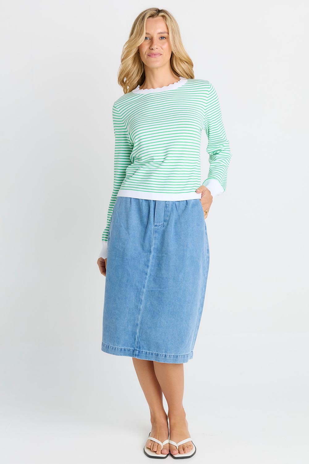 Model Genericm wearing size sample of the Scallop Knit Sweater – Green in colour Green, from the front