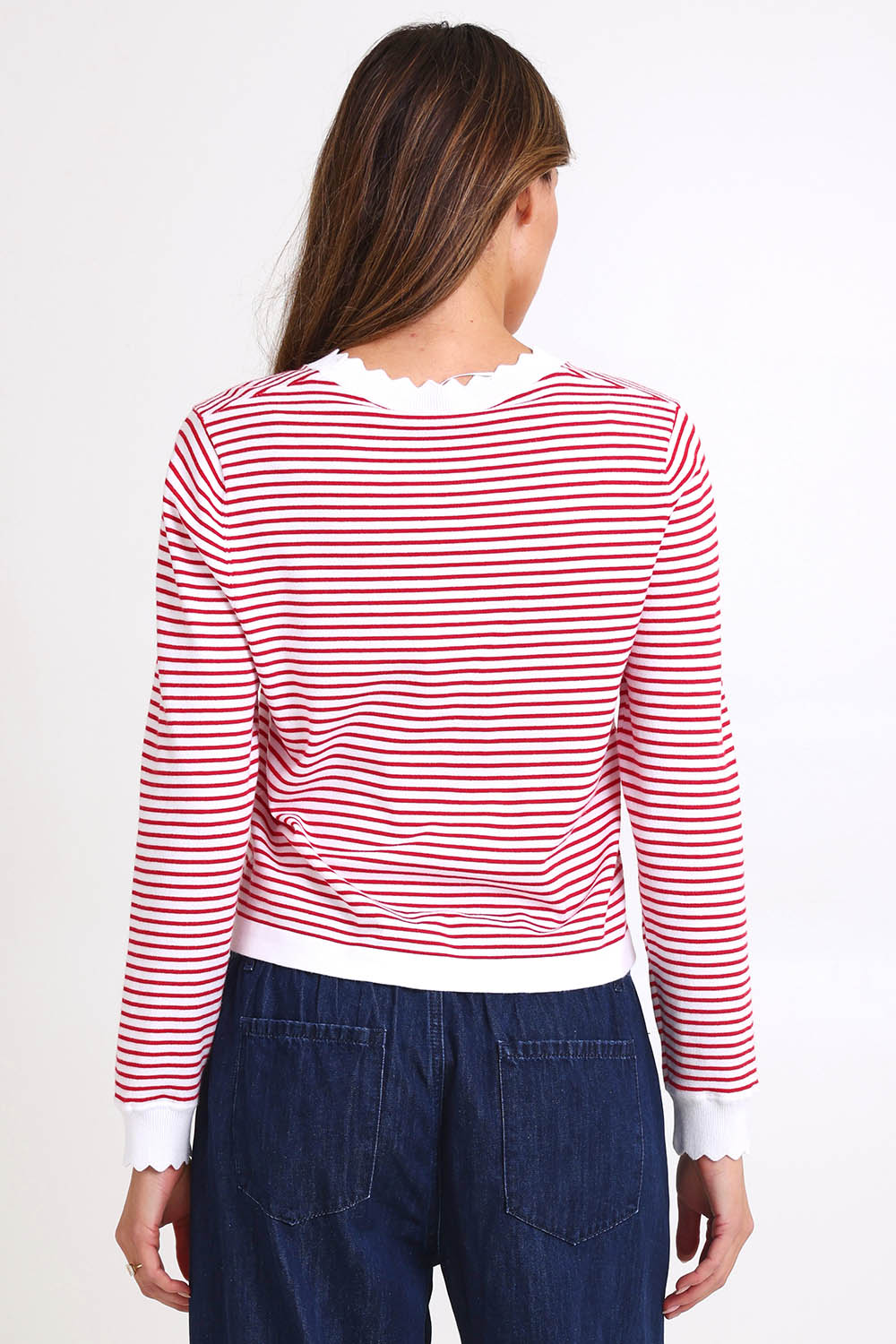 Model Madelinec wearing size 10 of the Scallop Knit Sweater – Red in colour Red, from the back