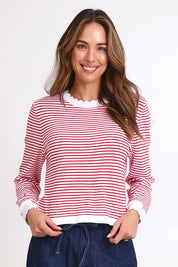 Model Madelinec wearing size 10 of the Scallop Knit Sweater – Red in colour Red, in a cropped view