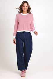 Model Madelinec wearing size 10 of the Scallop Knit Sweater – Red in colour Red, from the front