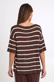 Model Madelinec wearing size 10 of the Aries V-Neck Sweater Tee – Chocolate in colour Chocolate, from the back