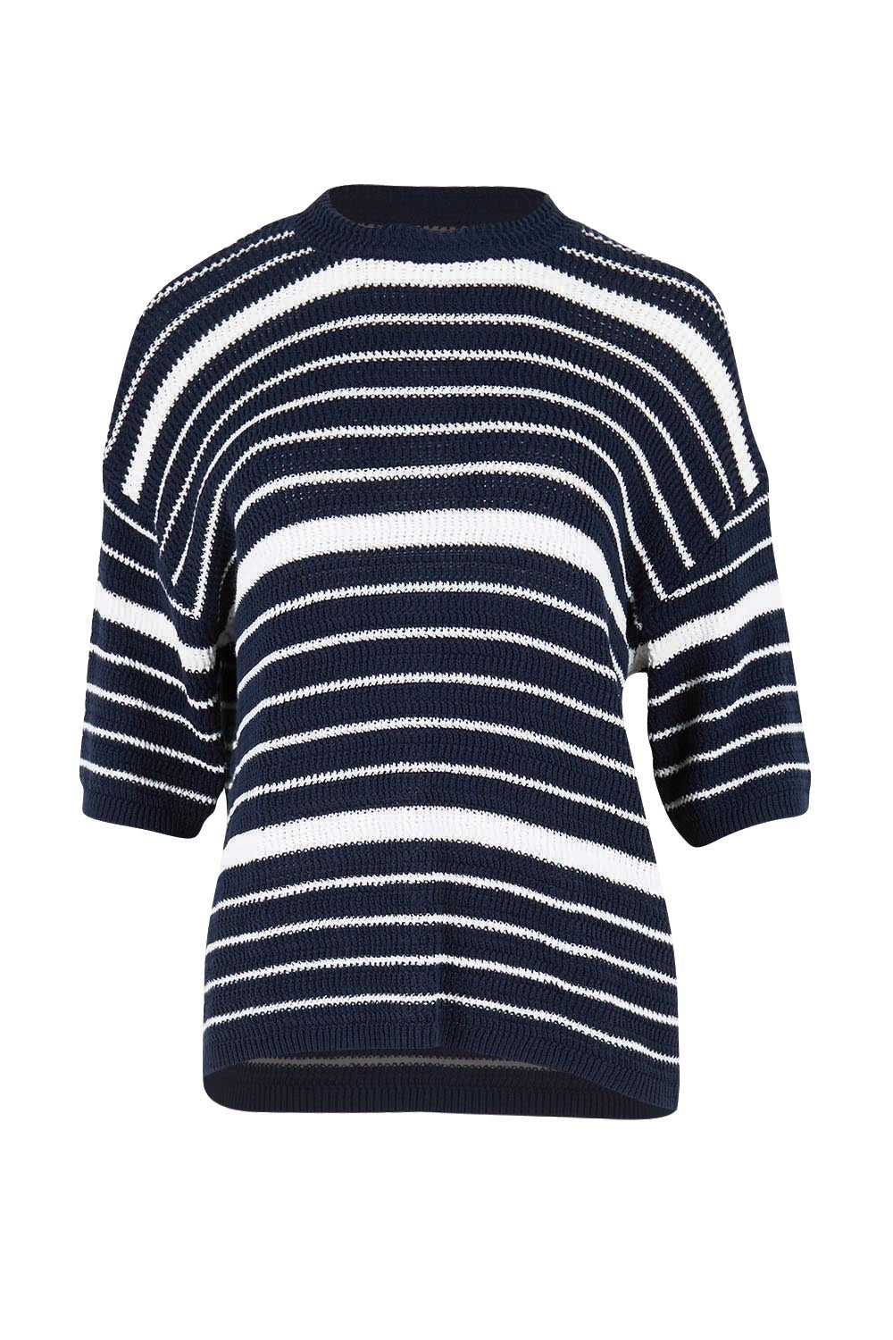 Product shot of the Dylan Knit Tee – Navywhite in colour Navywhite, from the front