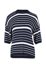 Product shot of the Dylan Knit Tee – Navywhite in colour Navywhite, from the front