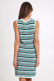 Model Madelinec wearing size 10 of the Mandy Tank Dress – Bluegreen in colour Bluegreen, from the back
