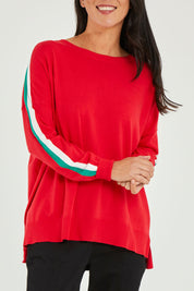 Model Katie wearing size 10 of the Amelia Knit in colour Raspberry (Red), from the front, cropped image