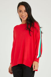 Model Katie wearing size 10 of the Amelia Knit in colour Raspberry (Red), from the front, cropped image