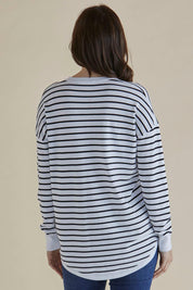 A model wearing the Sophie Knit Jumper in colour Blkstripe (White), from the back