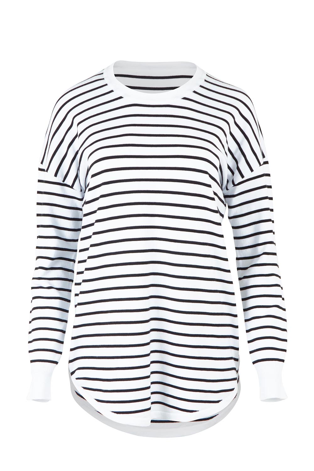 Product shot of the Sophie Knit Jumper in colour Blkstripe (White), from the front