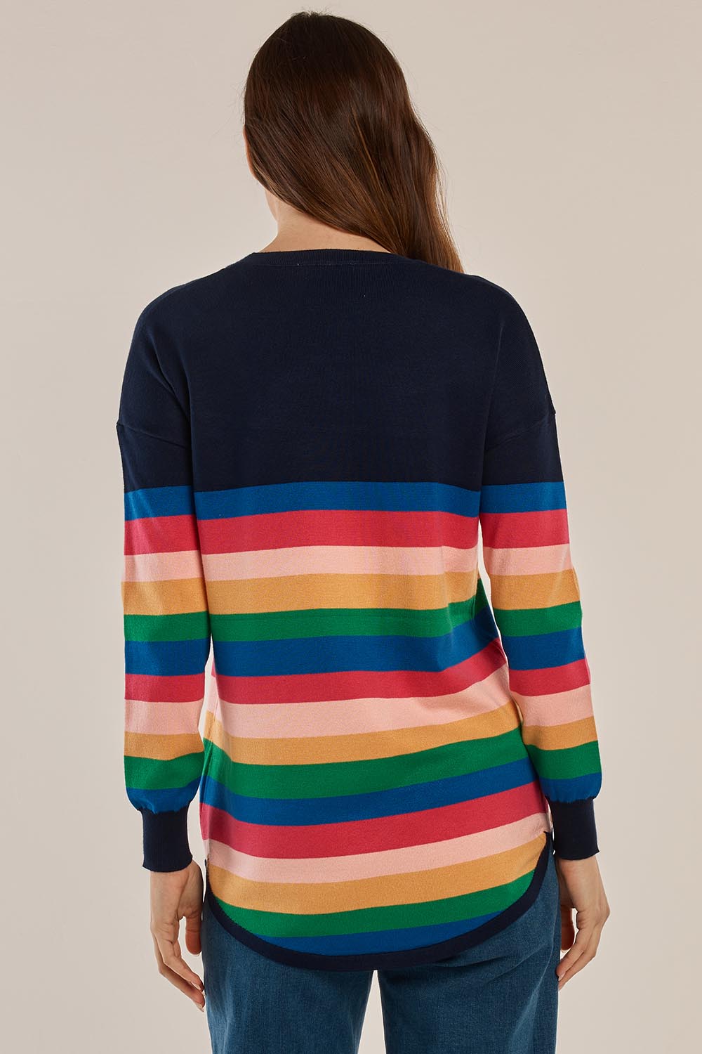 A model wearing the Sophie Knit Jumper in colour Multi, from the back