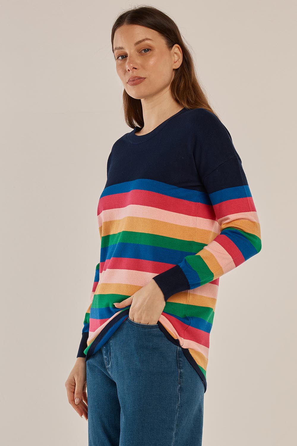 A model wearing the Sophie Knit Jumper in colour Multi, from the front, cropped image