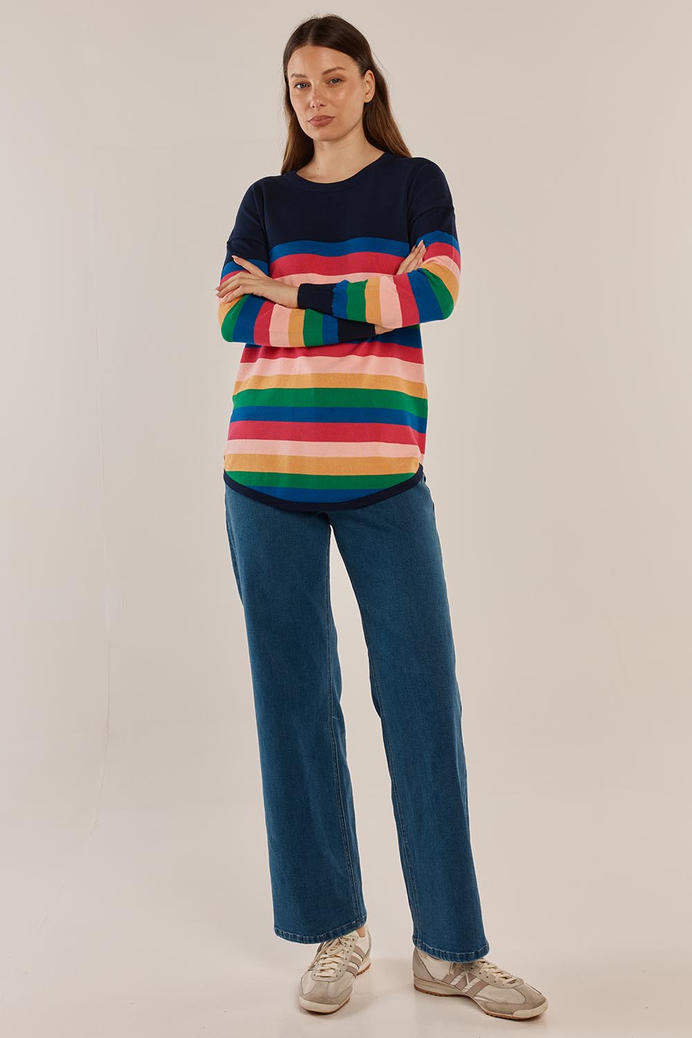 A model wearing the Sophie Knit Jumper in colour Multi, from the front, showing the whole outfit