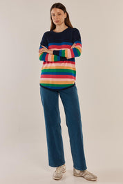 A model wearing the Sophie Knit Jumper in colour Multi, from the front, showing the whole outfit