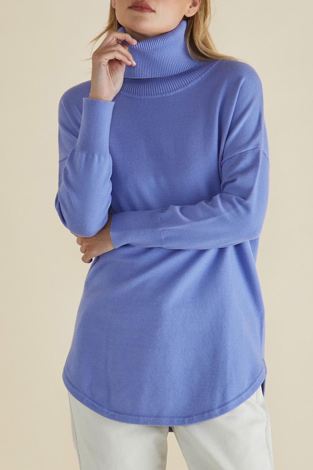 A model wearing the Fleur Roll Neck Jumper in colour Powderblue (Blue), from the front, cropped image