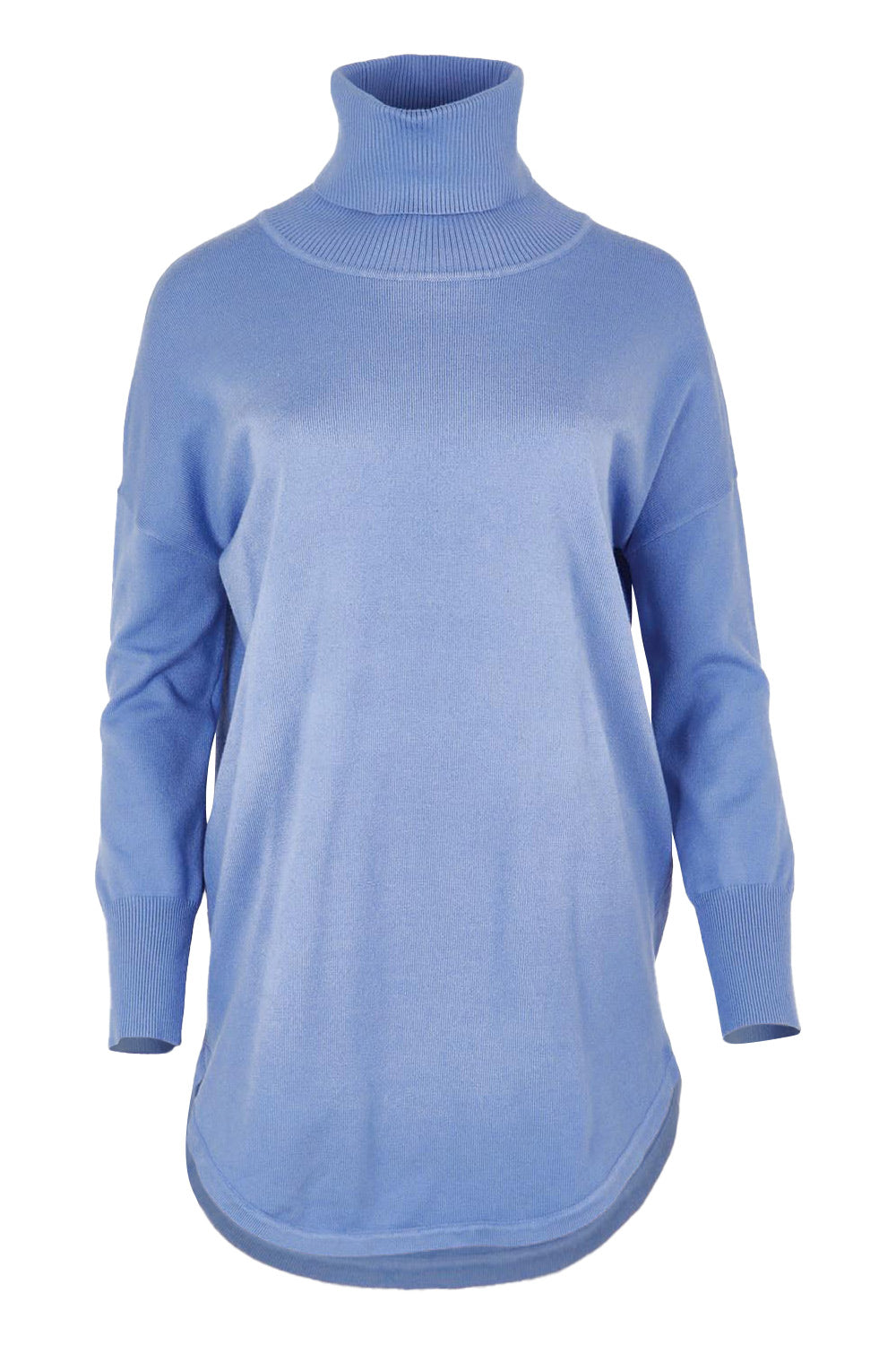 Product shot of the Fleur Roll Neck Jumper in colour Powderblue (Blue), from the front