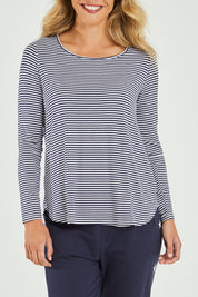 Model Alice wearing size 10 of the Evanna L/S Top in colour Navywhite (Blue), from the front, cropped image
