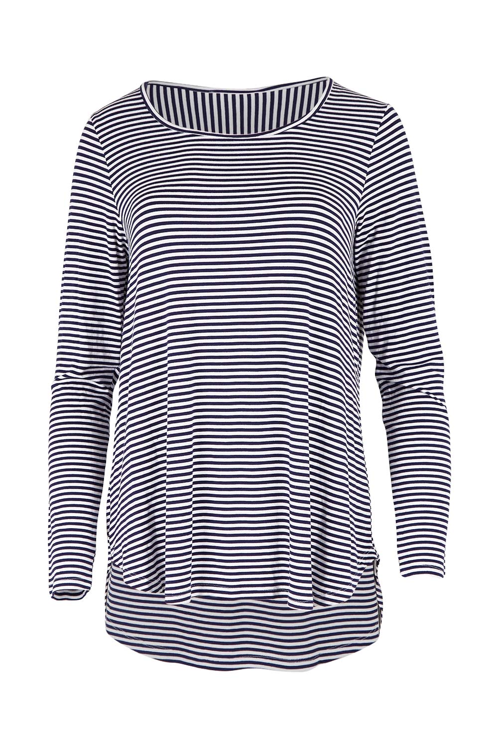 Product shot of the Evanna L/S Top in colour Navywhite (Blue), from the front