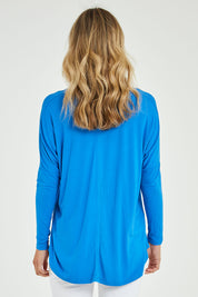 Model Alice wearing size 10 of the Oslo Top in colour Ultramarin (Blue), from the back