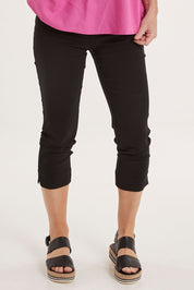 Model Sally wearing size 10 of the Crop Bengaline Pant in colour Black (Black), from the front, cropped image
