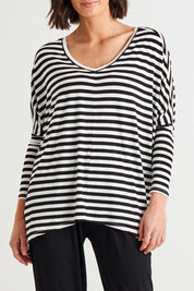 A model wearing the Kyoto Vin colourNeck Tee - Blkwhite (Black), from the front, cropped image