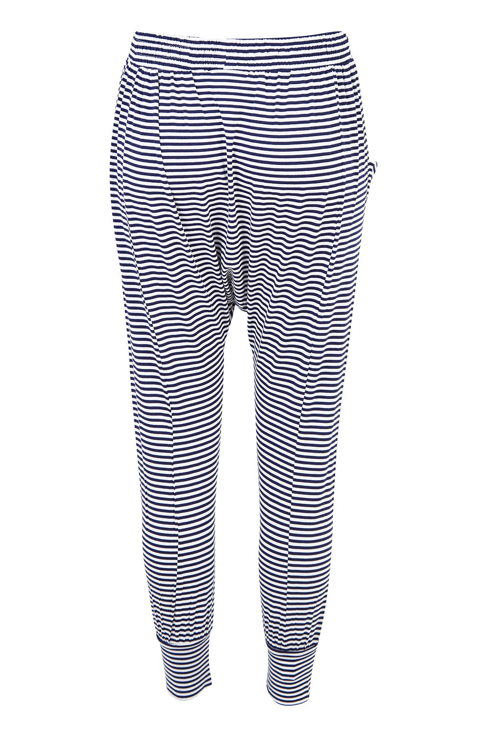 Product shot of the Barcelona Pant in colour Navystripe (Blue), from the back