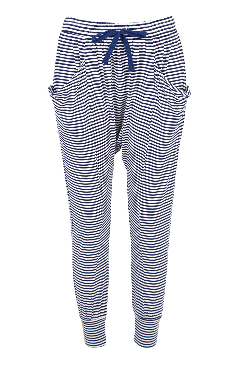 Product shot of the Barcelona Pant in colour Navystripe (Blue), from the front