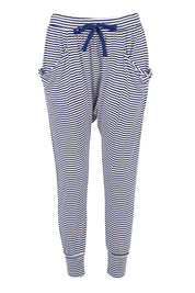Product shot of the Barcelona Pant in colour Navystripe (Blue), from the front