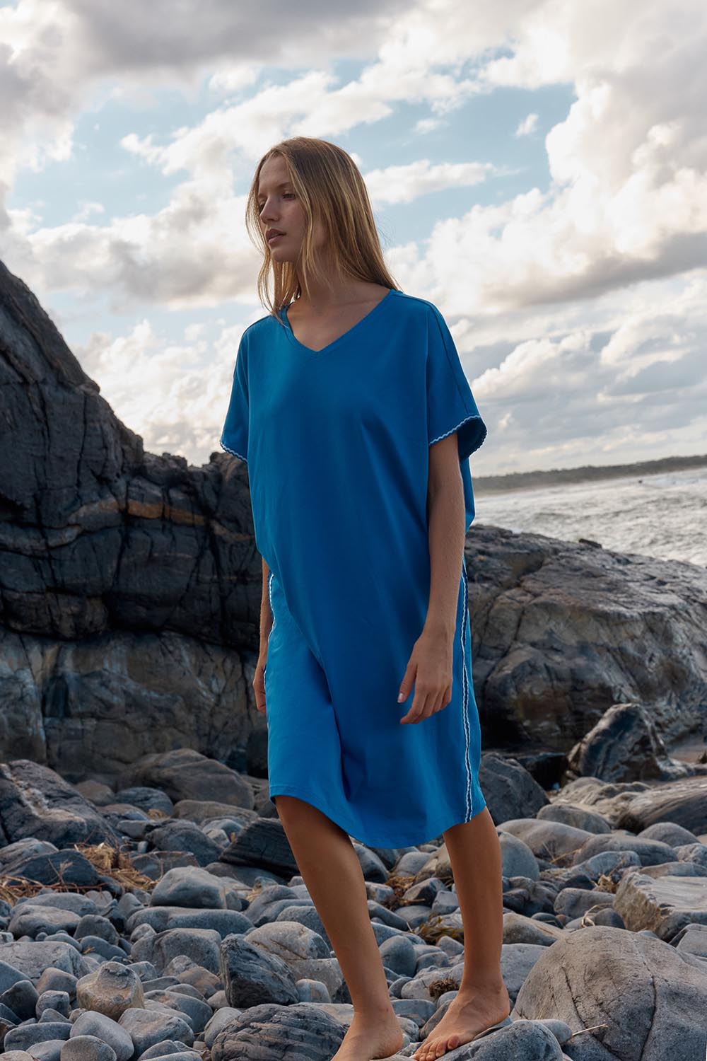 A model wearing the Stellar Cotton Tin colourShirt Dress - Royalblue (Blue), from the front, showing the whole outfit
