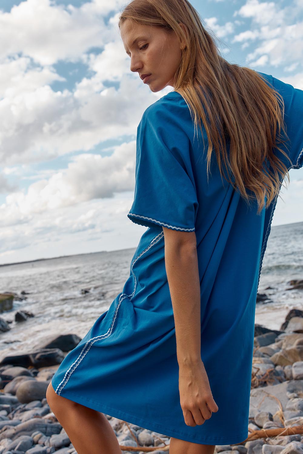 A model wearing the Stellar Cotton Tin colourShirt Dress - Royalblue (Blue), from the front, showing the whole outfit