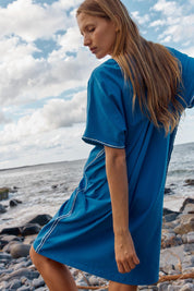 A model wearing the Stellar Cotton Tin colourShirt Dress - Royalblue (Blue), from the front, showing the whole outfit