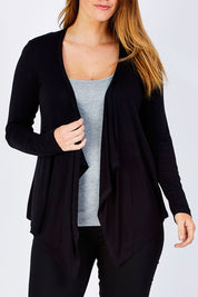 Model Laura wearing size 12 of the Melbourne Stretch Cardigan in colour Black (Black), from the front, cropped image