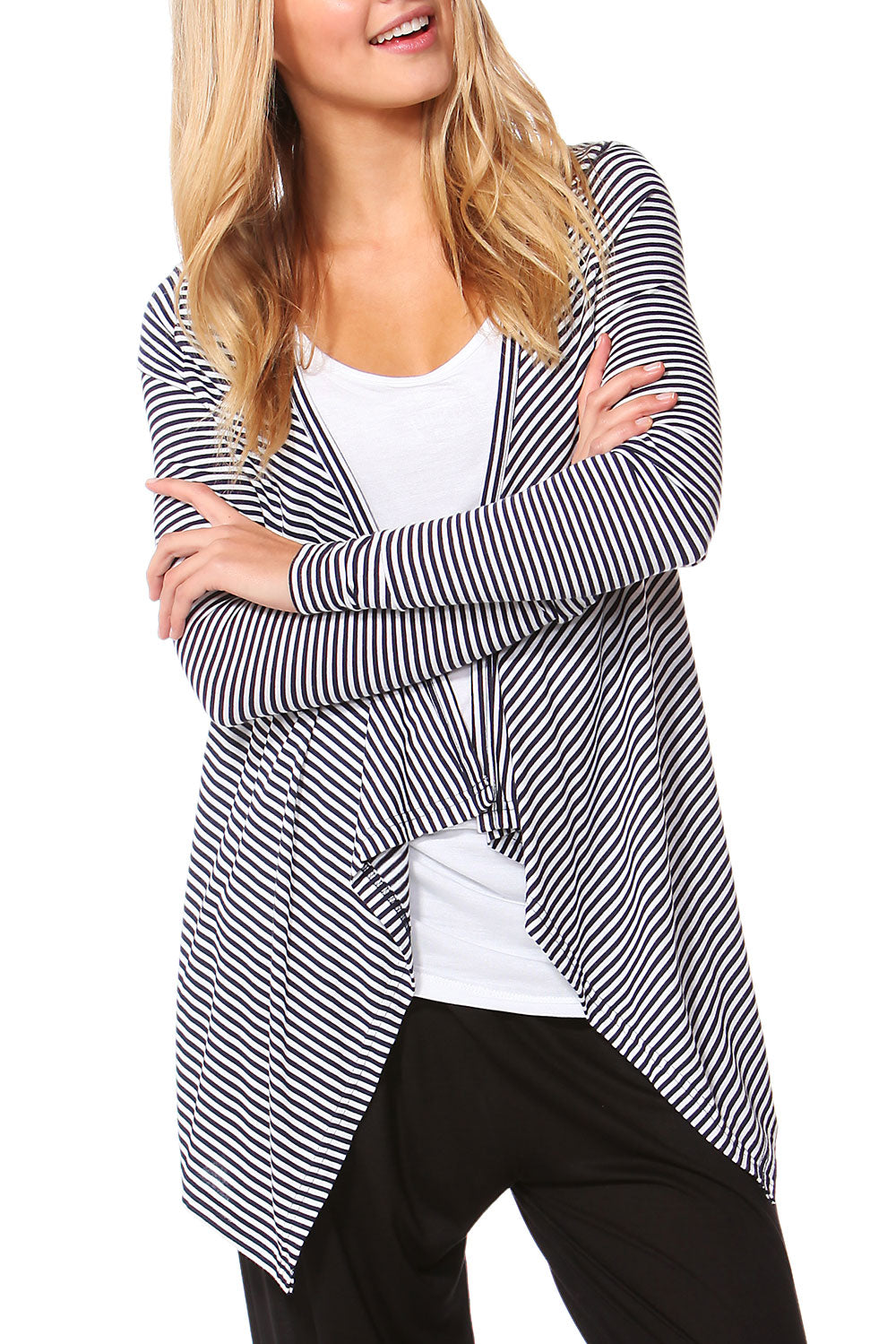 A model wearing the Melbourne Stretch Cardigan in colour NavyWhtStr (Blue), from the front, cropped image
