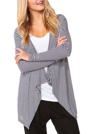A model wearing the Melbourne Stretch Cardigan in colour NavyWhtStr (Blue), from the front, cropped image