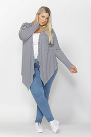 A model wearing the Melbourne Stretch Cardigan in colour NavyWhtStr (Blue), from the front, showing the whole outfit