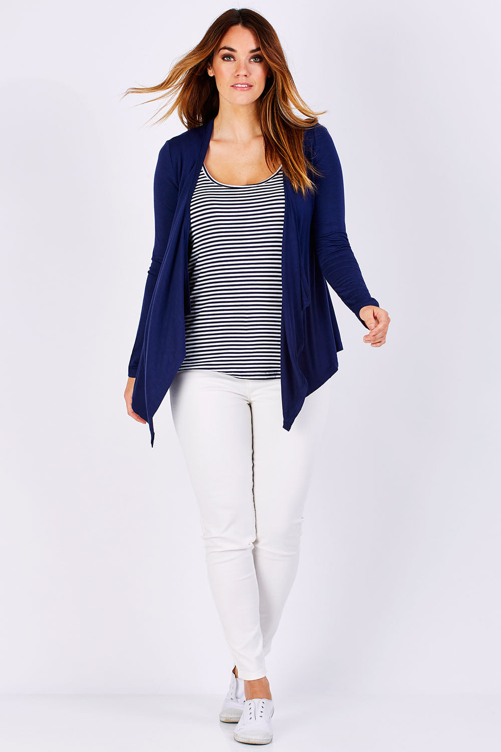 Model Laura wearing size 12 of the Melbourne Stretch Cardigan in colour Navy (Blue), from the front, showing the whole outfit