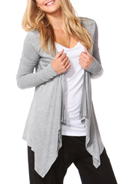 A model wearing the Melbourne Stretch Cardigan in colour SilverMarl (Grey), from the front, cropped image