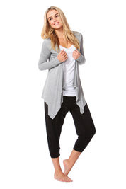 A model wearing the Melbourne Stretch Cardigan in colour SilverMarl (Grey), from the front, showing the whole outfit