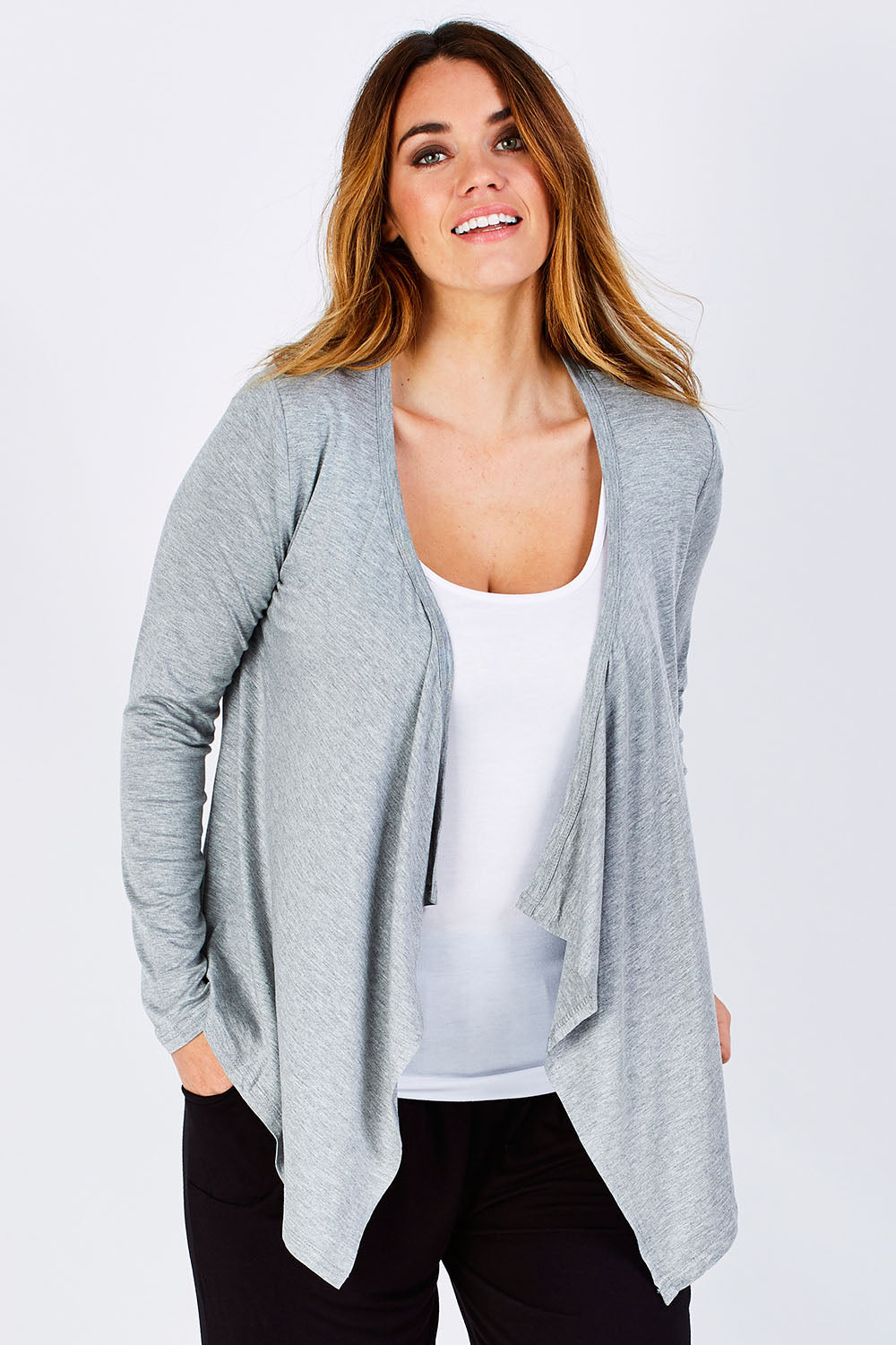 Model Laura wearing size 12 of the Melbourne Stretch Cardigan in colour SilverMarl (Grey), from the front, cropped image