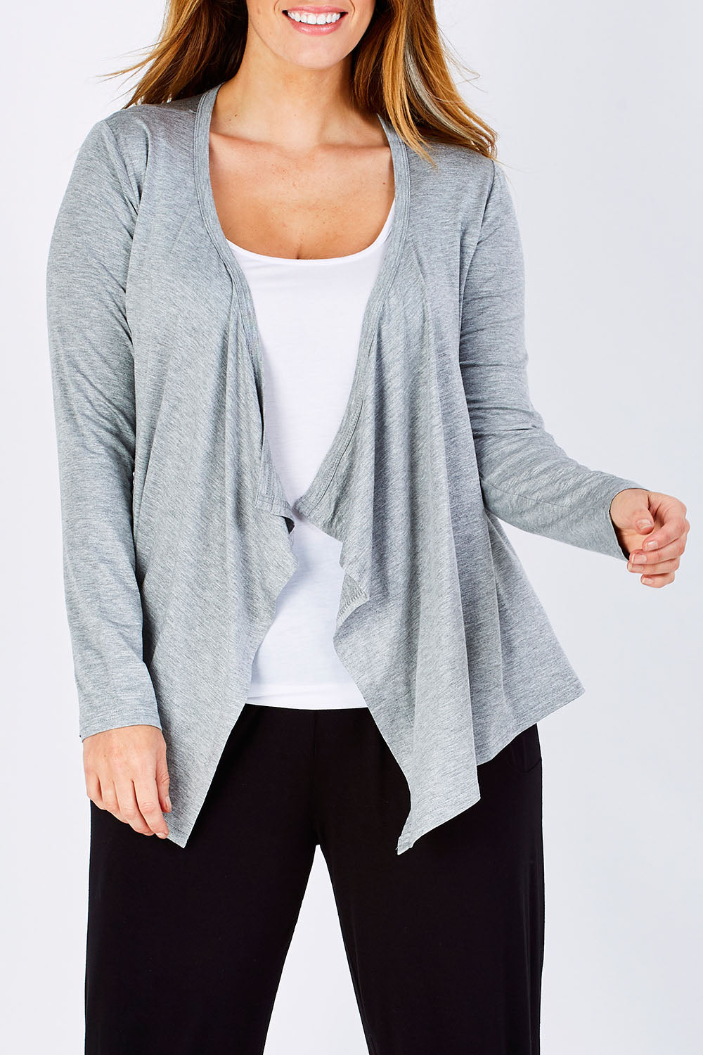 Model Laura wearing size 12 of the Melbourne Stretch Cardigan in colour SilverMarl (Grey), from the front, cropped image
