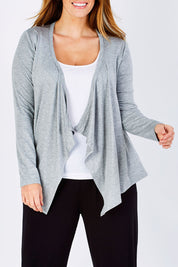 Model Laura wearing size 12 of the Melbourne Stretch Cardigan in colour SilverMarl (Grey), from the front, cropped image