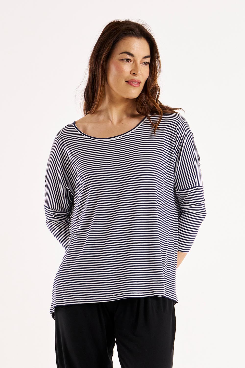 A model wearing the Milan 3/4 Sleeve Top in colour Nutmegstr, from the front, cropped image