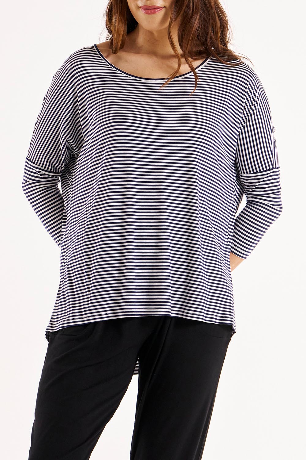 A model wearing the Milan 3/4 Sleeve Top in colour Nutmegstr, from the front, cropped image