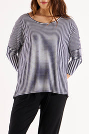 A model wearing the Milan 3/4 Sleeve Top in colour Nutmegstr, from the front, cropped image