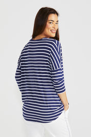 A model wearing the Milan 3/4 Sleeve Top in colour Paristripe (Blue), from the back